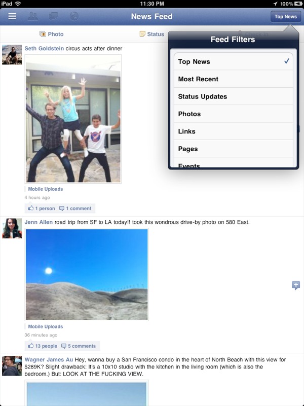 Facebook za iPad (Preuzeto s Techcruncha)