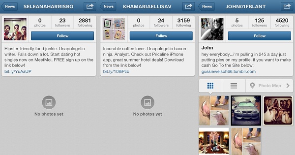 Primjeri tipičnih spamerskih profila na Instagramu.