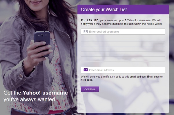 Yahoova lista čekanja na željeno korisničko ime.