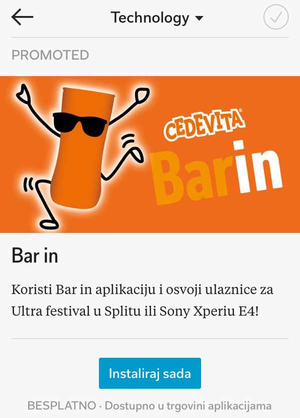 Primjer oglasa za domaću aplikaciju u Flipboardu.